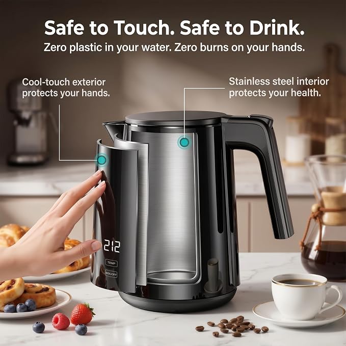 Electric Kettle 1.0L, 1200W Fast Boiling, 7 Temp Settings & 4H Keep Warm | Stainless Steel Inner, BPA-Free, Auto Shut-Off, Water Boiler, Cool Touch Exterior, Tea Coffee Kettle for Home Office, Black