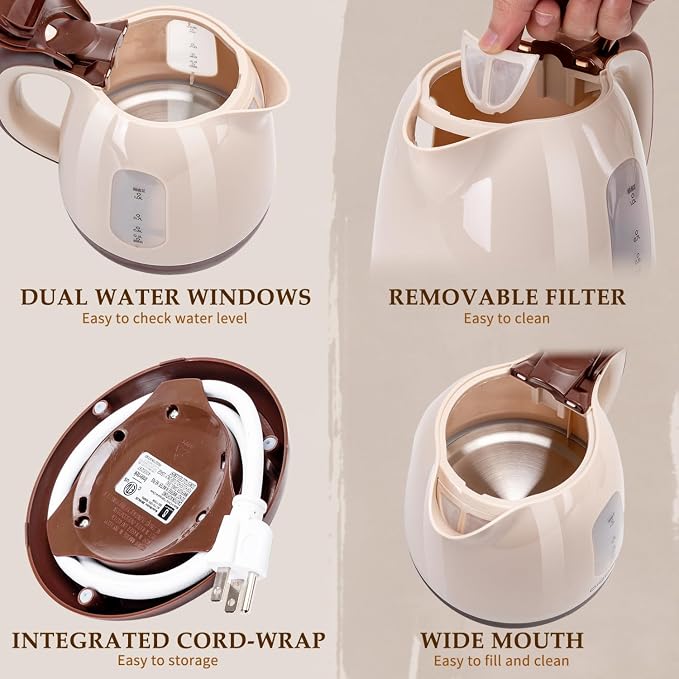 Aigostar Small Electric Kettle, 1L Portable, 1100W, Brown | Electric Tea Kettle, Automatic Shut-Off and Boil Dry Protection, Travel Hot Water Boiler Cordless, For Making Coffee and Tea