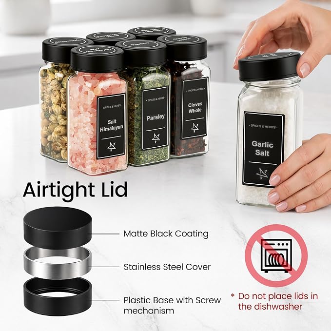 Glass Spice Jars with Grinder Lid 24 Pack 4 oz Black Stainless | 780 Labels (Round+Square), Shaker Inserts, Funnel, Airtight Seal, Bonus Grinder Lid for Fresh Grinding