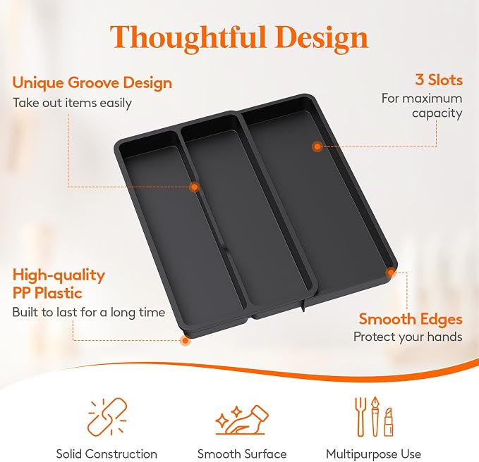 Lifewit Utensil Organizer for Kitchen Drawer, Expandable Cooking Tray | Adjustable Cutlery Flatware Holder, Plastic Silverware Spatula Tools Storage Divider, 8.9-14.4 x 15.8", Black
