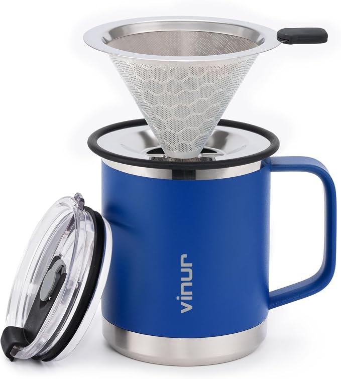VINUR Insulated Pour Over Coffee Maker-12 oz Stainless Steel Coffee Maker | Stainless Steel Vacuum Insulated Coffee Maker With Stainless Steel Filter for Home, Camping, Gift for Men & Women (Navy)