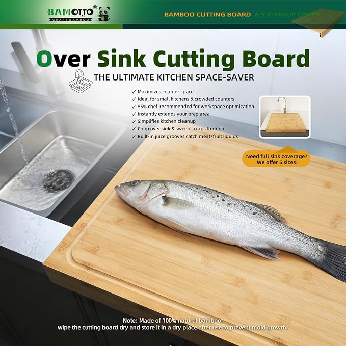 BAMOTTO CRAFTBAMBOO 24 x 18 Inch Extra Large Bamboo Cutting Board — Stovetop Cover, Over the Sink Board, Noodle Board, Butcher Block with Detachable Legs & Non-Slip Lip, Juice Groove
