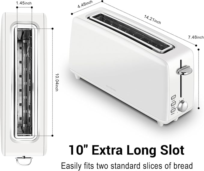 SEEDEEM Stainless Steel Toaster 2 Slice Slim, 10" Single Long Slot, White | 6 Shade Settings, Extra Wide Slot Fits Bagels & Artisan Bread, Defrost, Cancel Function, Removable Crumb Tray