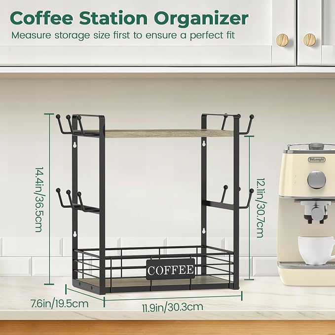 EsLuker.ly Coffee Mug Cup Holder Tree Bar Station Organizer, 2 Tier Grey Oak