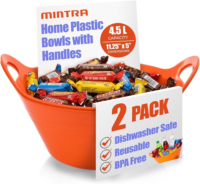 Mintra Home Plastic Bowls – Ideal for Popcorn, Cereals, Snacks, Kitchen Use & Halloween Trick or Treats Candies – Durable, Lightweight, Dishwasher Friendly, 4.5L w/Handles, Orange, 11.25W x 5H, 2 Pack