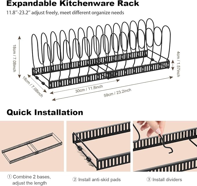 Housolution Pot and Pan Lid Organizer Holder Storage Rack, Black | 12"-23" Expandable, 14 Adjustable Dividers, Sturdy Metal Construction, Easy Assembly