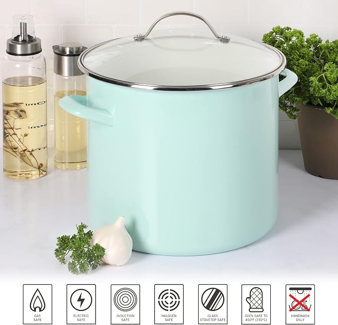 Martha Stewart Thayer 12-Quart Enamel on Steel Scratch-Resistant Stock Pot with Lid – Martha Blue – Durable Large Capacity Pot for Soups, Stews & Boiling