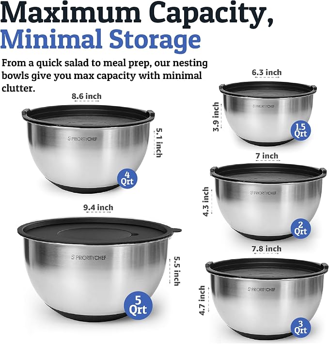 Stainless Steel Mixing Bowls with Lids Set, Metal Nesting Bowls with Airtight Lids, Graters, Non-Slip Base & Measurement Marks, Includes Utensil Set for Prep, Baking & Storage, Black