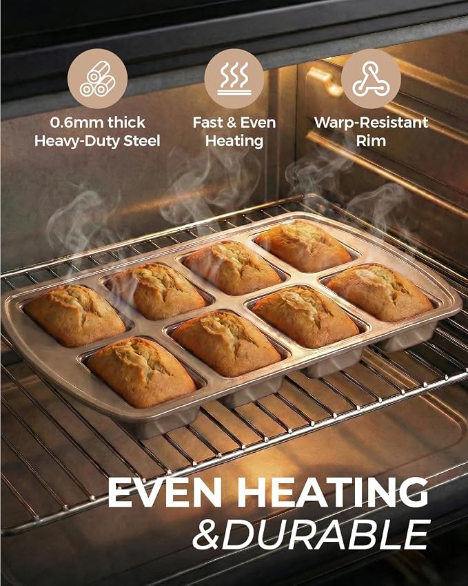 CARTMAN 2-Pack 8-Cavity Mini Loaf Pans, Carbon Steel Bread Pan Set, Gold | Includes spatula & brush, 0.6mm carbon steel, nonstick release, for banana bread, mini meatloaf, ideal for keto & meal prep
