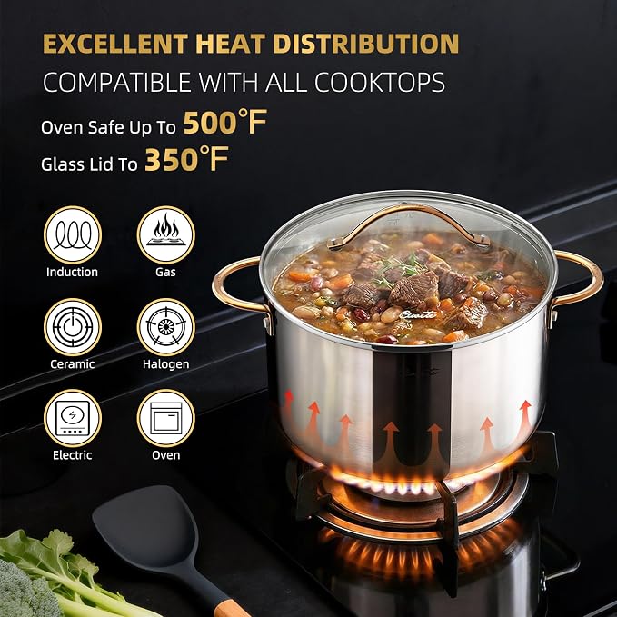 Ciwete 8 Quart Stock Pot with Lid, Upgraded Tri-Ply Stainless Steel Pot, Seamless Soup Pot with Stay-Cool Brass Handle, Healthy Polished Stockpots, Induction Cookware, Oven and Dishwasher Safe