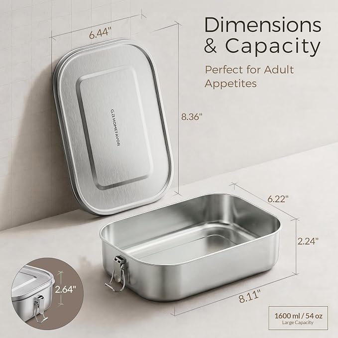G.a HOMEFAVOR Stainless Steel Bento Lunch Box, 1600 ml/54 oz | Leak-Proof, Dishwasher Safe, BPA-Free, with Lock Clips, Meal Prep, Large Food Container, for Adults