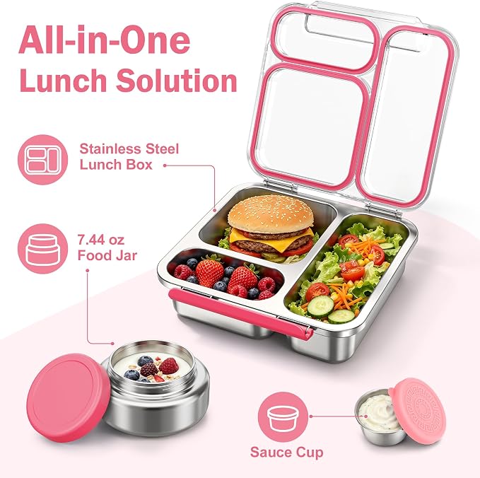 Pawtong Stainless Steel Bento Box Kids Adult with 7oz Insulated Food Jar, Transparent Lid Metal Lunch Box With Soup Thermal Jar, Lunch Box Container with Removable Divider & Sauce Cup School (Pink)