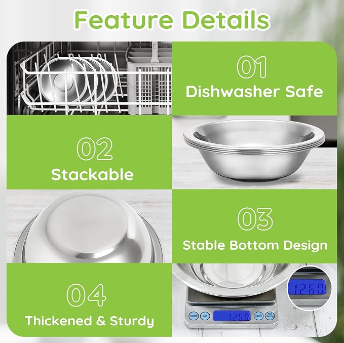 304(18/8) Stainless Steel Mixing Bowls for Kitchen, 4 Pack 7" 21.22 fl.oz Metal Mixing Bowls Set Stackable for Baking Serving Cooking Food Prep Storage Dishwasher Safe Heavy Duty
