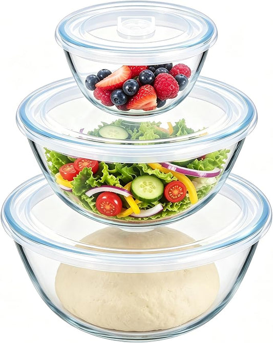 E-far Glass Mixing Bowls with Airtight Lids Set for Cooking Prep Serving | Thick Glass Salad Bowls, Large Clear Nesting Bowls for Storage Sourdough Proofing, Dishwasher Safe, 4.8,2.9,0.8 Qt, 3 Pack
