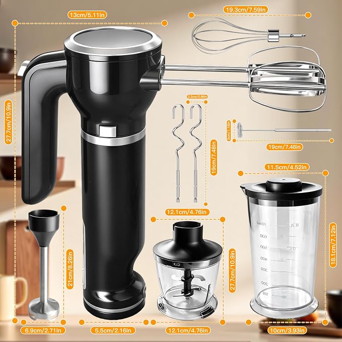 Hand Mixer, 6-in-1 Multifunctional Electric Handheld Immersion Blender Bundle and Whisk, Milk Frother, Food Chopper