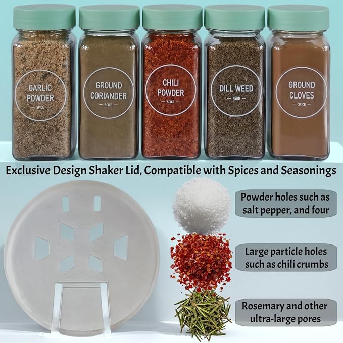 Spice Jars with Labels - 24 Glass Spice with Shaker Lids & Airtight Plastic Caps - 4oz Complete Seasoning Containers Organizer Set for Cabinet, Drawer & Rack (Light Green)