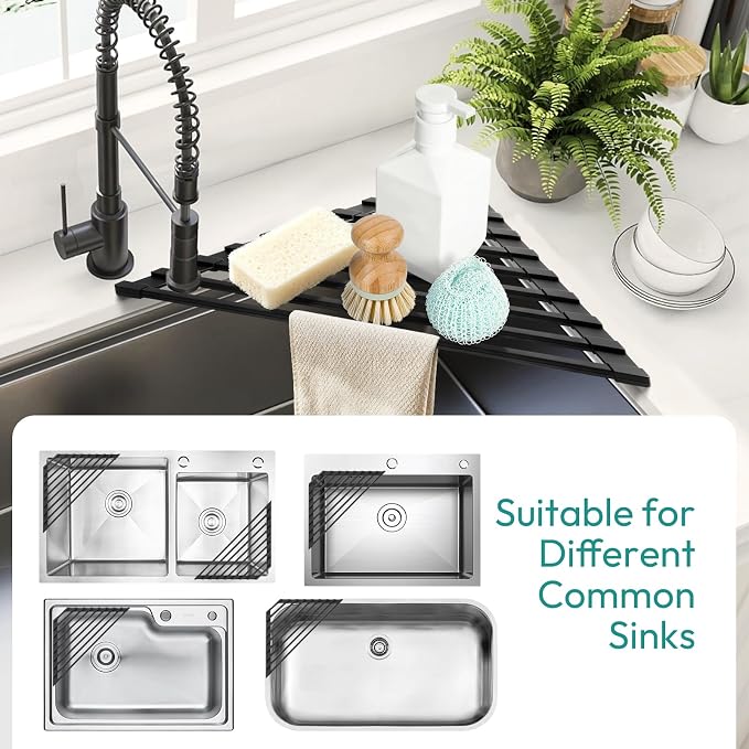 Small Foldable Triangle Roll Up Dish Drying Rack for Sink Corner, Black | Collapsible Stainless Steel with Silicone Coated Over Sink Rack, Space Saving Kitchen Sink Caddy Organizer for RV & Camper