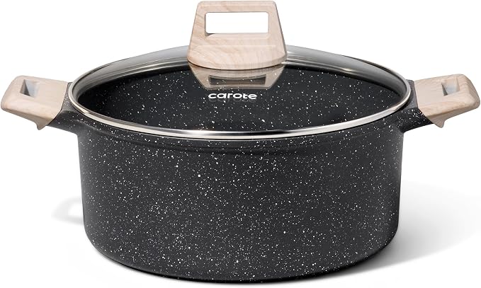 CAROTE Nonstick Stock Pot with Lid, 6 Quart Black Granite Casserole | Kitchen Cooker Compatible with All Stoves, Dishwasher Safe, Cookware for Boiling, Simmer, PFOA Free