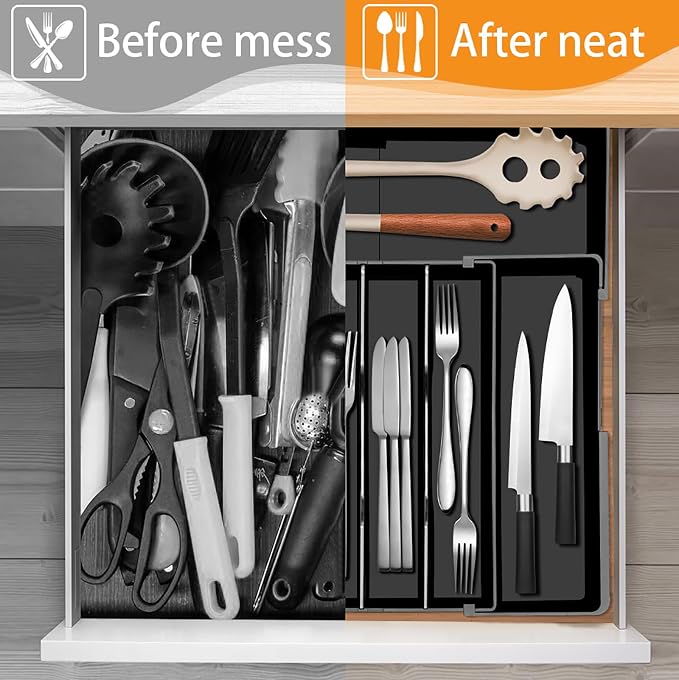 Silverware Organizer - Expandable Kitchen Drawer Organizer, 3" High Utensil Holder, BPA Free Flatware and Cutlery Tray for Spoons Forks Knives, Plastic Kitchen Organizer and Storage, Black