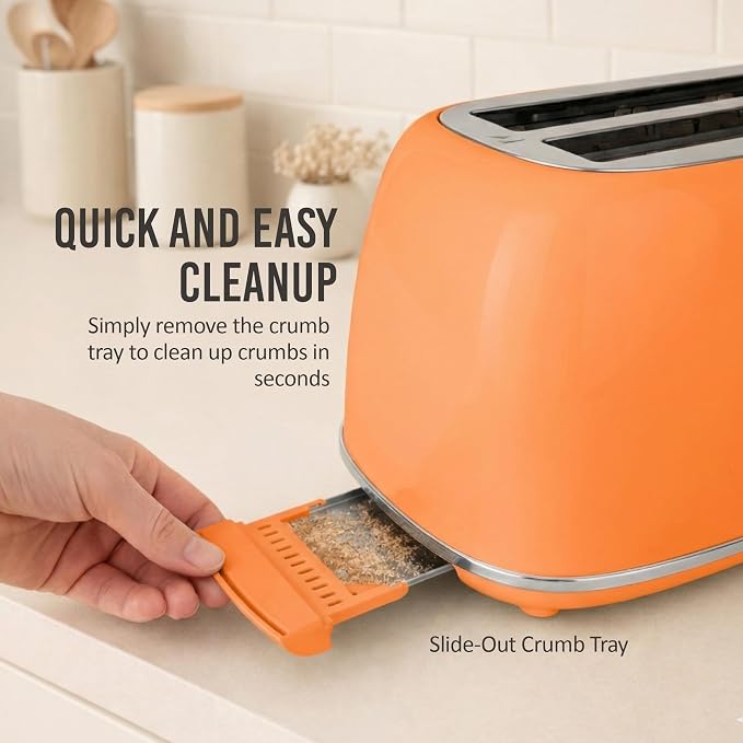Nostalgia Classic Retro 2-Slice Toaster- Vintage Design- Enamel Coated Steel Body- Wide Slots for all Breads- Crumb Tray, Cord Storage- Defrost,Cancel and Bagel Function & 6 Toasting Levels- Orange