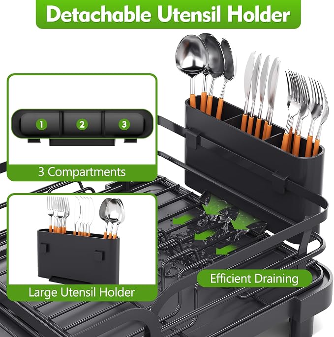 TOOLF Expandable Dish Drying Rack for Kitchen Counter, Black | Stainless Steel Dish Drainer with Drainboard Set & Cutlery Holder, Extendable 13.7“-20.5”L, Rust-Proof, Fits for 1-3 People