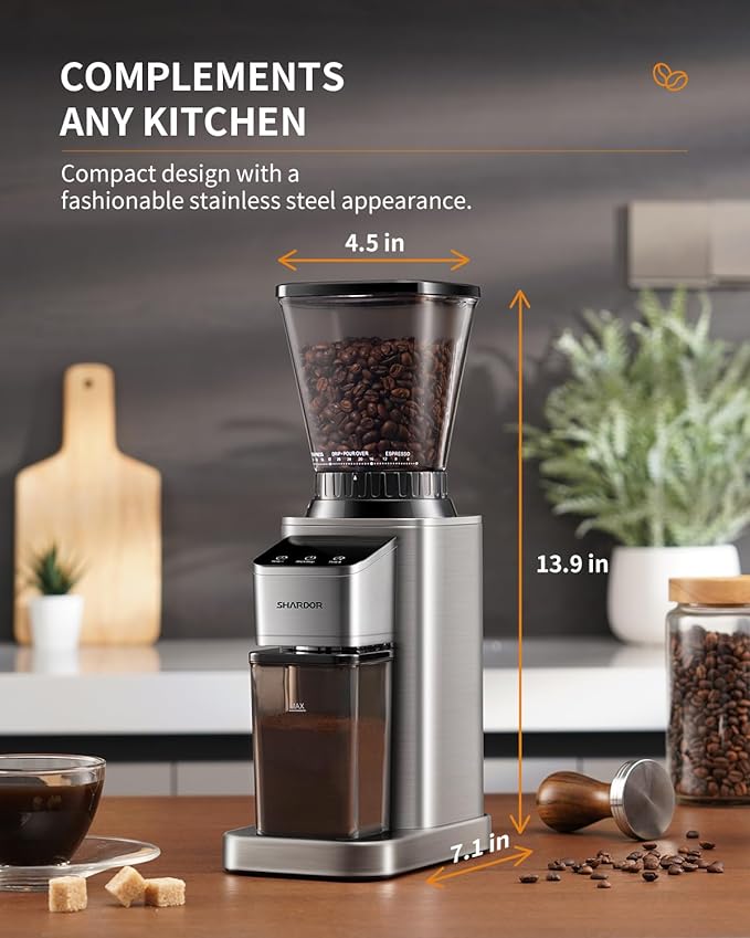 SHARDOR Professional Conical Burr Coffee Grinder, Coffee Bean Grinder with 48 Grind Settings for Espresso, Drip & French Press, Upgraded Anti-Static Technology, Precision Timer, Stainless Steel | Electric Grinding, Stainless Steel, LCD Touchscreen, Pre...