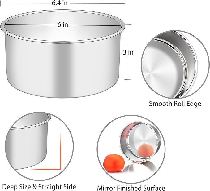 TeamFar 6 Inch Cake Pan, 6” x 3” Stainless Steel Round Deep Cake Baking Pan | Layer Cake Baking Tin for Wedding Birthday Party, Non-Toxic, Heavy Duty, Deep Straight Side, Mirror Finish, Dishwasher Safe