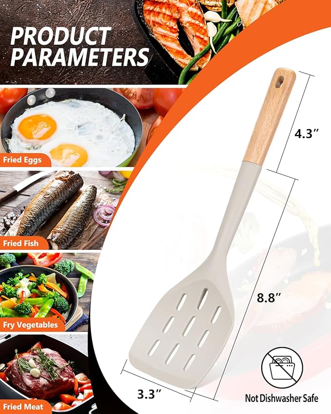Silicone Spatula, Non Stick Turner for Cooking, Food Grade, Khaki | Heat Resistant, Flexible Edge, 2 Pack Wooden Handle Kitchen Turner for Baking Mixing Grilling Serving Food
