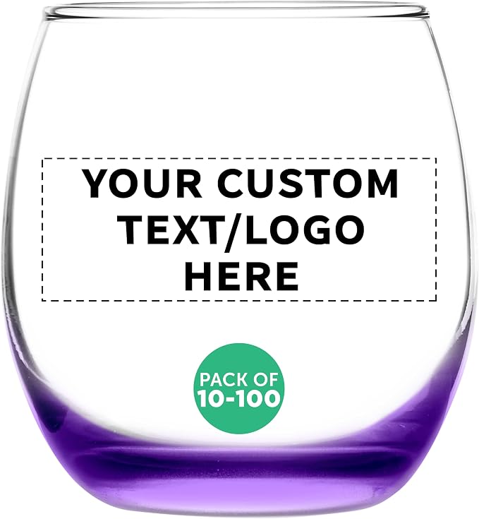 Custom Mikonos Stemless Wine Glasses 11.5 oz. Set of 10/50/100, Personalized Bulk Pack - Restaurant Glassware, Perfect for Red Wine, White Wine, Cocktails - Purple