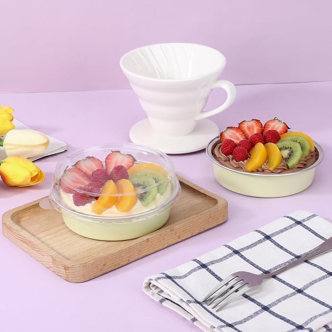Beasea 100 Pack 4" Mini Pans with Lids, 7.3oz Disposable Aluminum Baking Foil Tins Round Small Tart Pie Container for Individual Cupcake Dessert Muffin Cheesecake Quiche Oven Dishes - Sage Green