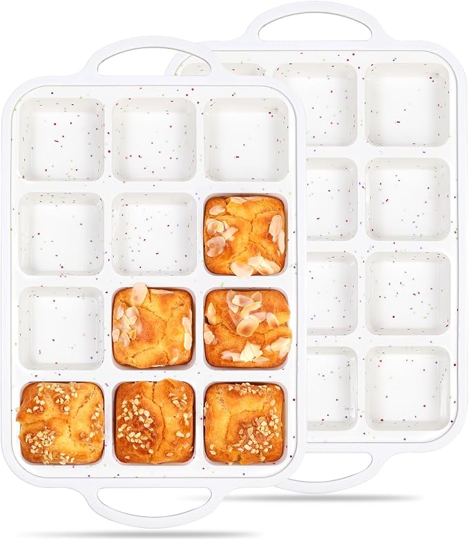 Mini Individual Square Brownie Pan with Dividers, Cream | 2 Pcs, Metal Reinforced Frame, Silicone Nonstick, 12 Cup , Muffin Cupcake Pans
