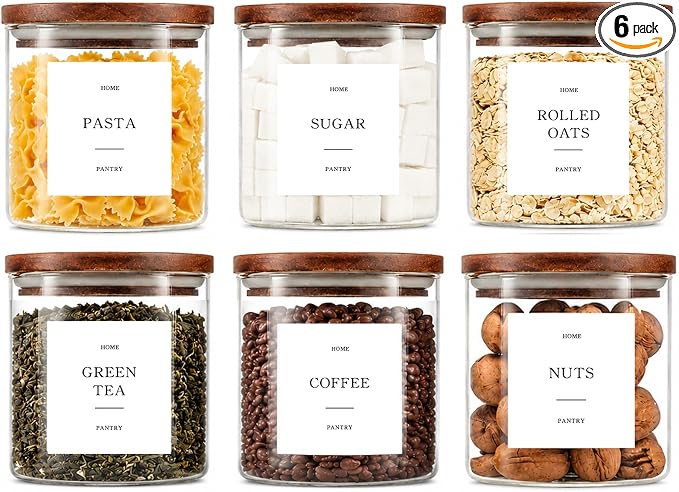6 Pack Glass Jars with Acacia Lids, 21oz Pantry Airtight Storage Containers | Glass Kitchen Canisters with 105 Labels, Food Storage Containers for Pantry with Wood Lids for Coffee, Tea, Sugar, Spice