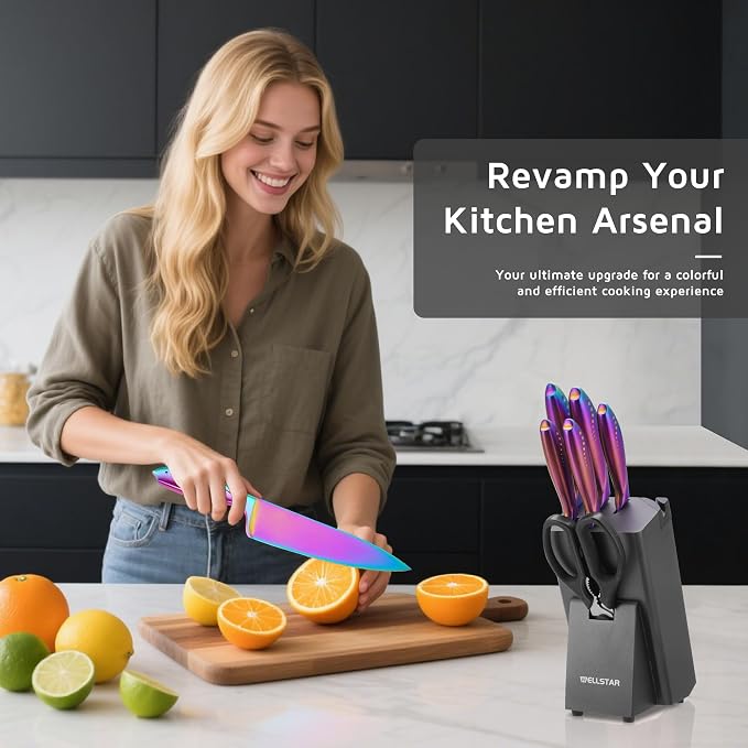 WELLSTAR Rainbow Knife Set 8 Pieces, Iridescent German Stainless Steel Kitchen Knives Set with Wooden Block, Colorful Titanium Coating, Chef’s Knife Block Set with Scissors and Built-in Sharpener