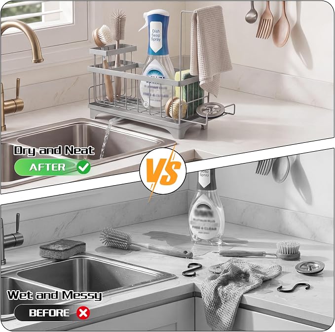 VOOWO Sponge Holder for Kitchen Sink, Compact Sink Caddy with Brush Holder | 304 Rustproof Stainless Steel Dish Soap Holder, Small Kitchen Sink Organizer, Self-Draining Dish Wand Holder with Towel Rack