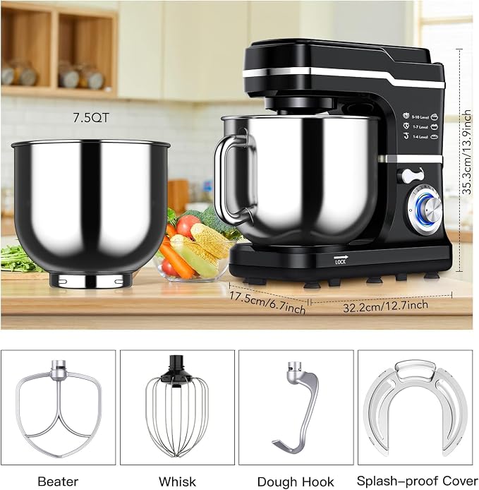 GarveeLife 7.5QT Stand Mixer, 10-Speed Tilt-Head Electric Food Mixer with Stainless Steel Bowl, 660W Motor, Dough Hook, Whisk & Beater, Compact Design for Home Baking,Black