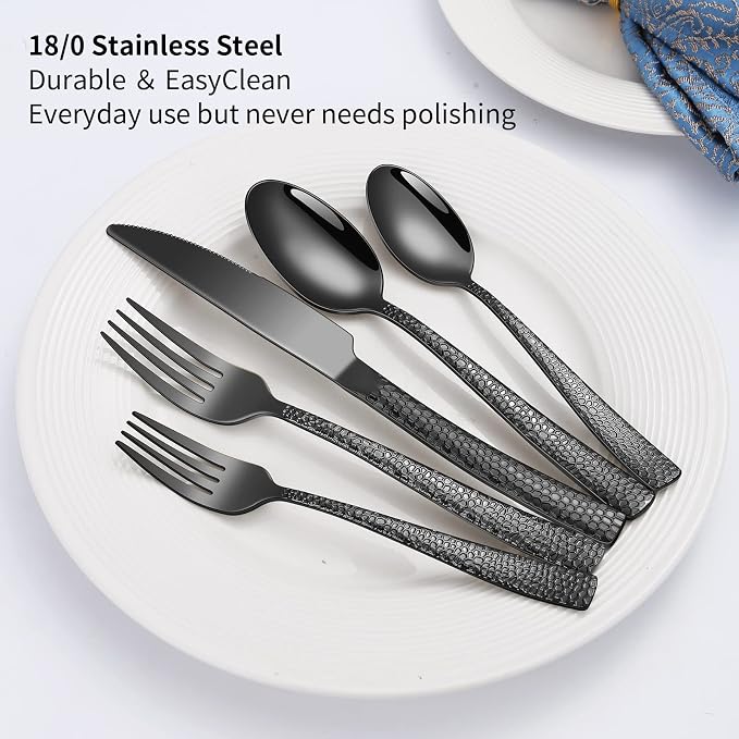 Remoxye 40-Piece Silverware Set, Black Hammered Stainless Steel Flatware Sets for 8, Food-Grade Tableware Set, Including Fork Knife Spoon Set, Durable Home Kitchen Cutlery Sets, Dishwasher Safe