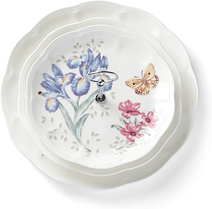 Lenox Butterfly Meadow Porcelain 3-Tier Serving Tray | dishwasher safe, microwave safe | 3-piece, for desserts, gift for women, cupcake stand and tray, cake stand item