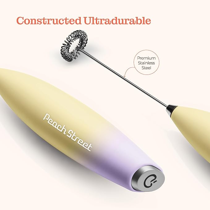 Powerful Handheld Milk Frother, Mini Milk Foamer, Battery Operated (Not included) Stainless Steel Drink Mixer with Frother Stand (Lavender Banana)