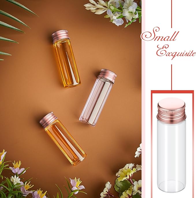 Didaey 100 Pcs Small Clear Vials Spice Mini Jars with Lids Mini Glass Bottles with Screw Aluminum Metal Caps Tiny Jars Sample Containers for Powder Cream Cosmetic Jewelry Wedding (15 ml,Rose Gold)