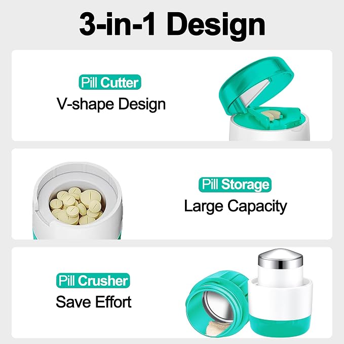DUBSTAR 3-in-1 Pill Crusher Fine Powder Pill Grinder Pill Cutter Green | Pill Crushers for Elderly and Pet with Pill Storage and Brush, Pill Splitter for Small or Large Pills