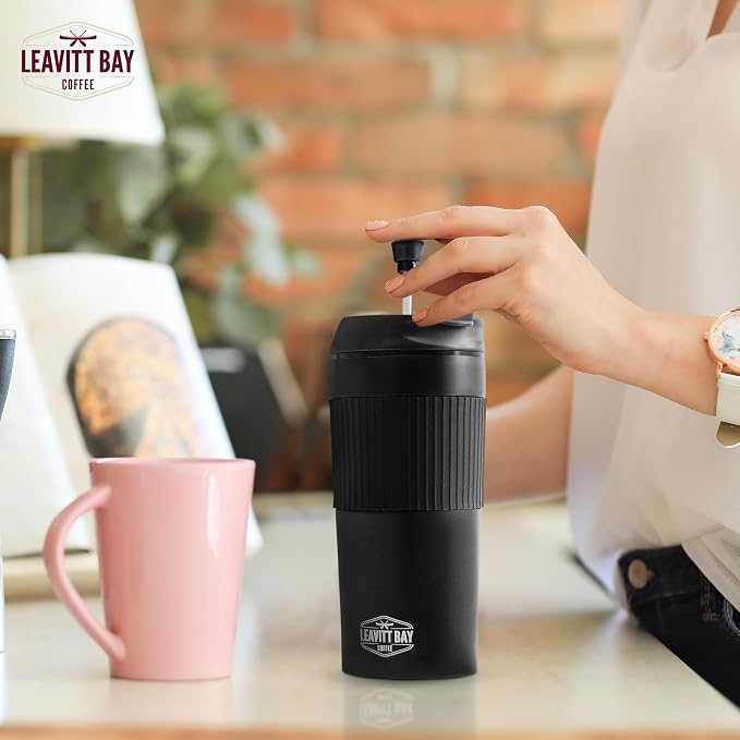 Black Portable French Press Travel Mug & Coffee Maker | Leak-resistant lid Double-wall vacuum insulation ideal for camping & travel