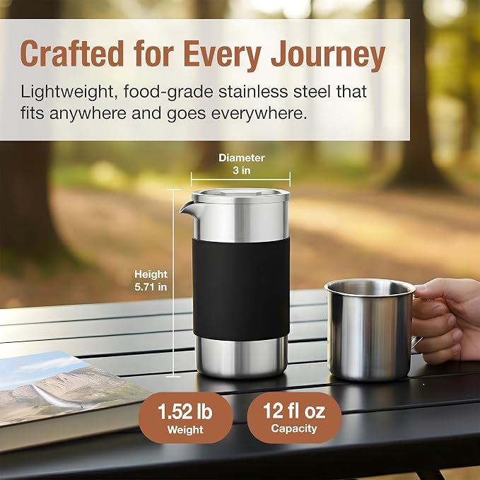 Small French Press Coffee Maker Set - 12 oz | Portable Travel French Press Coffee Maker | Double Wall Insulated with Dual Stainless Filters & 2 Steel Canisters for Grounds, Tea, Creamer & Sugar