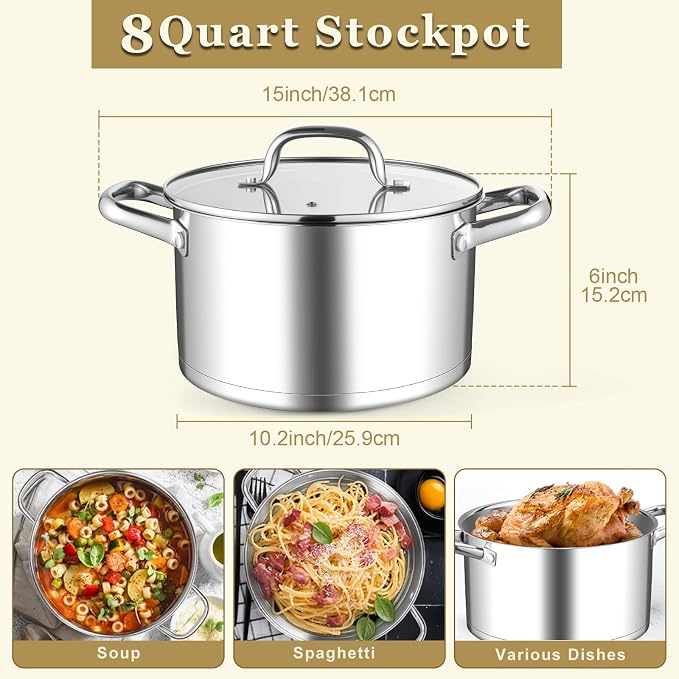 Leonyo 8 Quart Stock Pot with Lid, Stainless Steel Soup Pot for Cooking | 3-Ply Bottom for All Stoves, Stewing & Boiling & Simmering