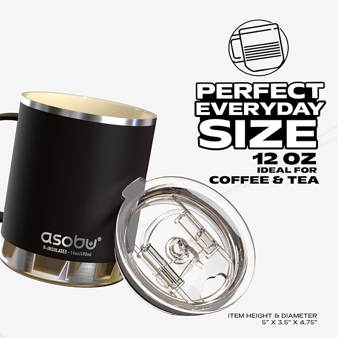 asobu Ultimate Ceramic Travel Mug, 12oz Insulated Stainless Steel Coffee Cup with Handle & Splash-Resistant Lid, Ceramic Lined for Pure Taste, BPA-Free, Double-Wall Vacuum for Hot Drinks