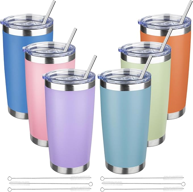 20 oz Tumbler with Lids and Straws, Stainless Steel Insulated Travel Coffee Mug, Double Wall Vacuum Insulated Tumblers, Powder Coated Coffee Tumbler for Cold & Hot Drinks (Mix Color-5, 6 Pack)