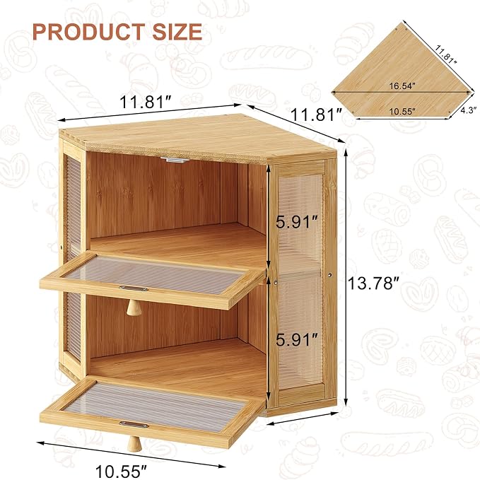 WOWLIVE Double Layer Corner Bread Box for Kitchen Countertop with 2 Doors | Bamboo Bread Storage Container, Large Farmhouse Breadbox with Acrylic Wavy Door, Under Cabinet Organizer, Natural, Medium