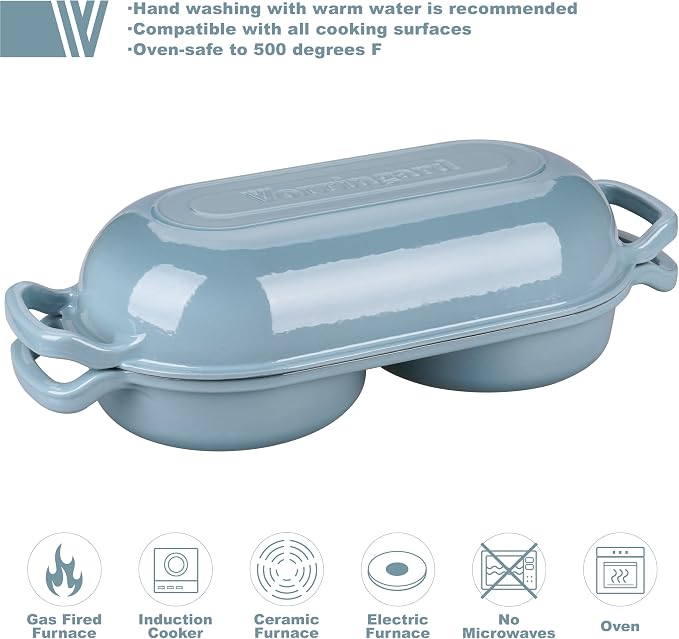 Enameled Cast Iron Double Dutch Oven with Lid, Dual Round Loaf Pan, Bread pan for Homemade Sourdough Bread Baking, Sea salt
