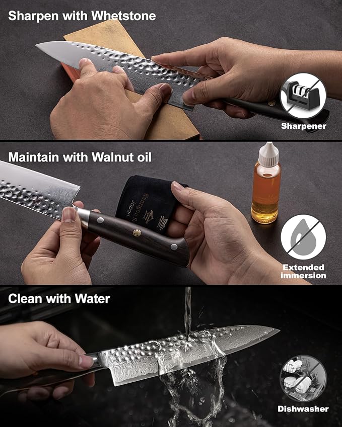 Japanese Chef Knife Kitchen Knife with 67 Layers Damascus Steel AUS-10 Core, Professional Damascus Knife with Full-Tang Ebony Wood Handle and Premium Gift Box (7 Inch Santoku Chefs Knife)