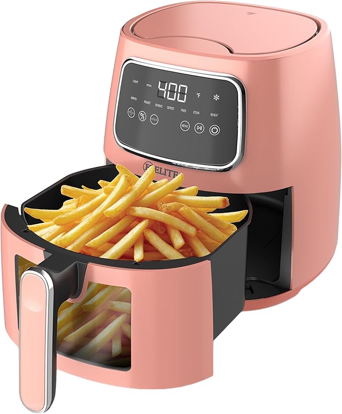 Kitchen Elite Countertop Digital Air Fryer with LED Screen, Peach, 5.5 Qt