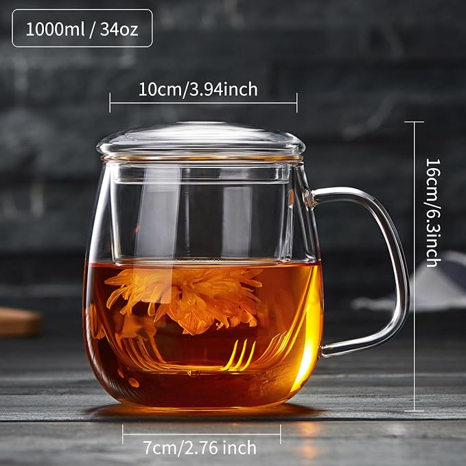 DOPUDO Large Glass Tea Cup, 34 oz Borosilicate Glass Tea Mug with Infuser and Lid, 1000ML Clear Tea Cups for Brewing Scented Tea and Tea Bag.